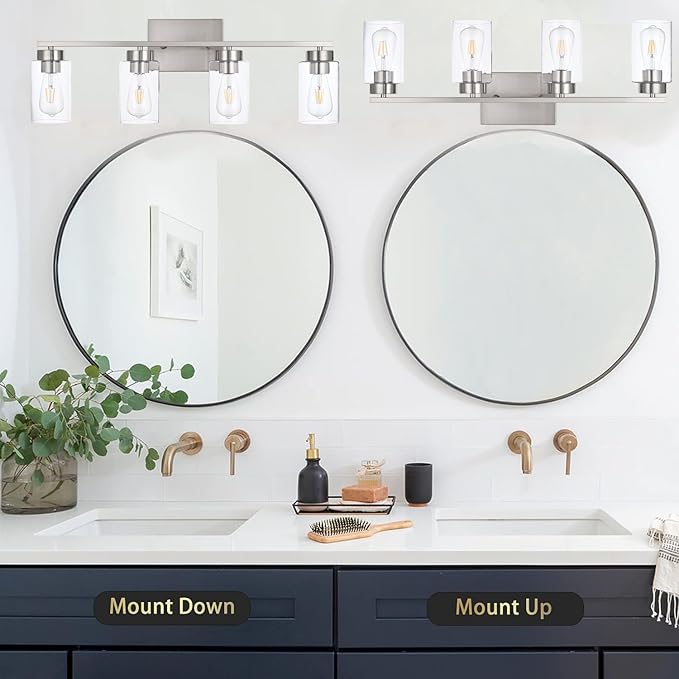A1A9 4 Light Bathroom Vanity Light Fixtures, Brush Nickel Modern Wall Lights with Clear Glass Shade, Vintage Wall Sconce Lighting for Living Room, Mirror, Bedroom, Hallway (Nickel, 4-Lights)