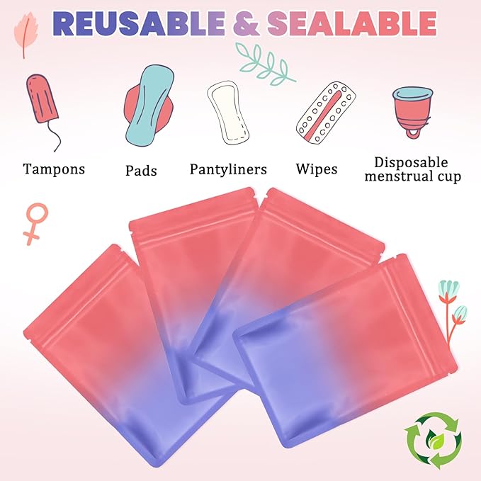 Disposable Sanitary Hygiene Disposal Bags for Bag Period Tampon Napkin Trash, 100pcs, Discreet Privacy Cover, Stylish Look, Self-Adhesive Seal,Portable for Purse, Bathroom, School,Travel(Pink-Purple)
