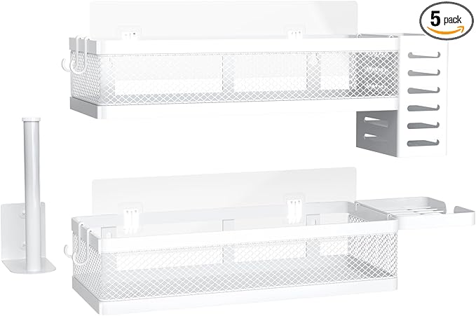 PUSDON 5-in-1 Wide Wall Mount Wrapped Mesh Kitchen Organizer & Shower Caddy Kit, with Paper Towel Holder, Utensil Holder, Soap Dish, Heavy Duty 50LBS - White, Netting