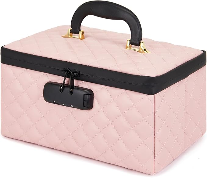KaAutoler Portable makeup box with Lock, Large Capacity Travel Makeup Case Organizer, Makeup Bags for Girls Traveling With Handle and Divider Makeup Bag (Pink)