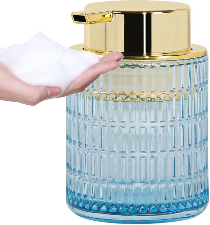 Tonxus Foaming Soap Dispenser, Blue Glass Foam Soap Dispenser for Bathroom and Kitchen, 10 Oz Refillable Foaming Pump Bottle with Large Pump, Ribbed Bottle Container Decor