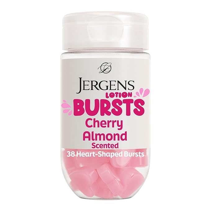 Jergens Cherry Almond Lotion Bursts, Squishy Heart-Shaped Moisturizer Bursts, Gifts for Teen Girls or Boys, 38 Ct