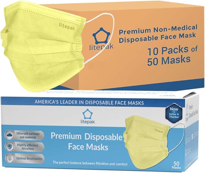 Litepak 500pcs Premium Disposable Face Mask SOFT 3ply Nose Wire - Yellow
