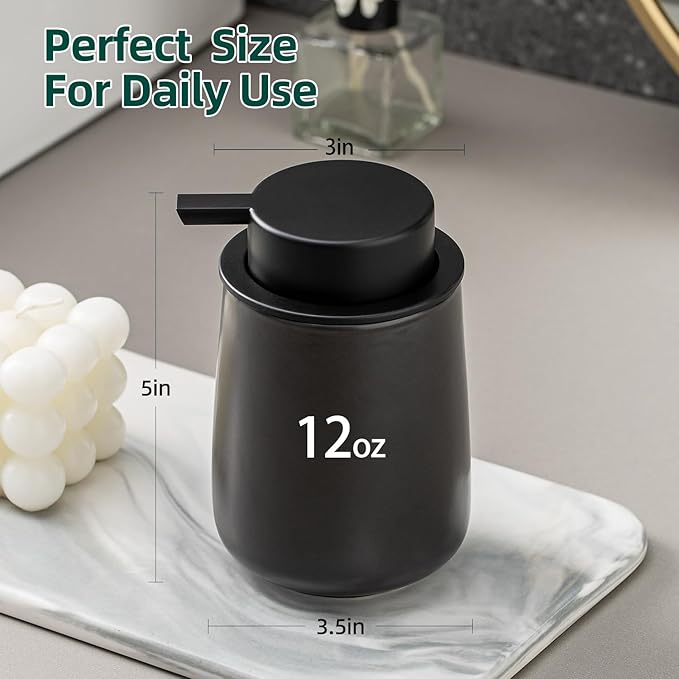 AZMOYAC Black Foaming Soap Dispenser - Modern Ceramic Foam Hand Soap Dispenser Bathroom, 12 Oz Facial Cleanser Dispenser Bottle with Foam Pump, Refillable Wash Dish Dispenser for Kitchen