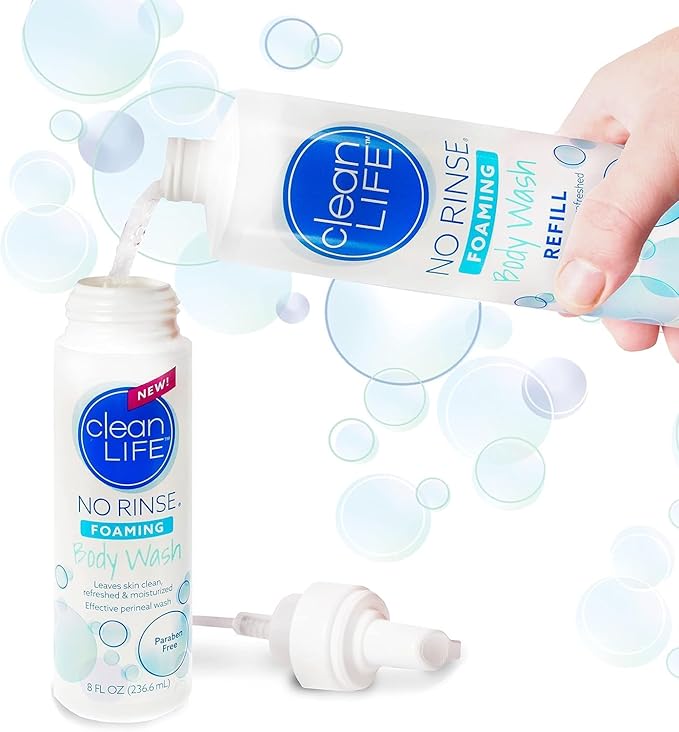 No-Rinse Foaming Body Wash, 8 fl oz (Pack of 24): Waterless, Rinse Free Foam Cleanser Leaves Skin Clean and Moisturized - Effective Perineal Wash Providing Cleansing Foam for Elderly, Adults, Camping