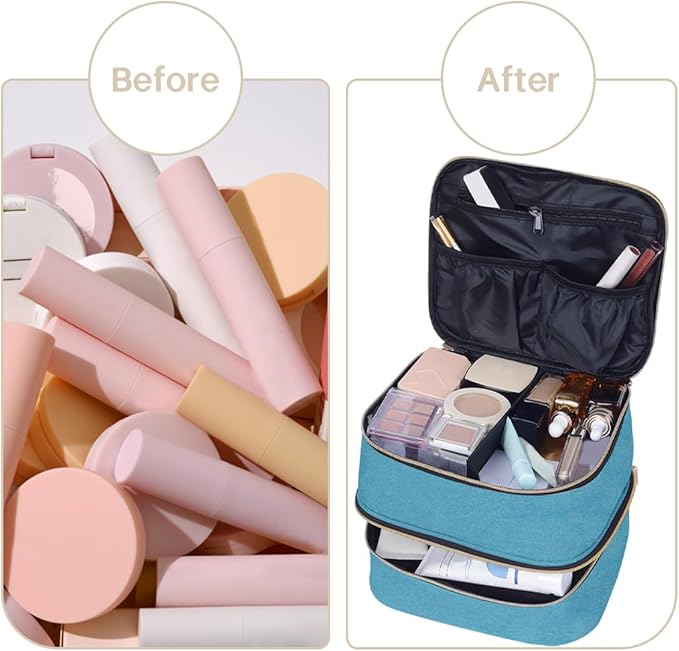 TANPADUAJI Double Layer Makeup Bag Portable Large Cosmetic Case Organizer with Adjustable Dividers Storage Travel Bag for Accessories Brushes Conditioner and Skin Care Products (Green)