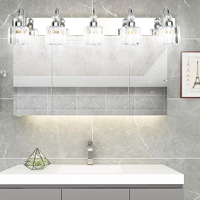 Ralbay Modern LED Crystal Bathroom Vanity Lights 5-Lights Stainless Steel Crystal Vanity Lights Over Mirror Modern Crystal Bathroom Vanity Lighting Fixtures