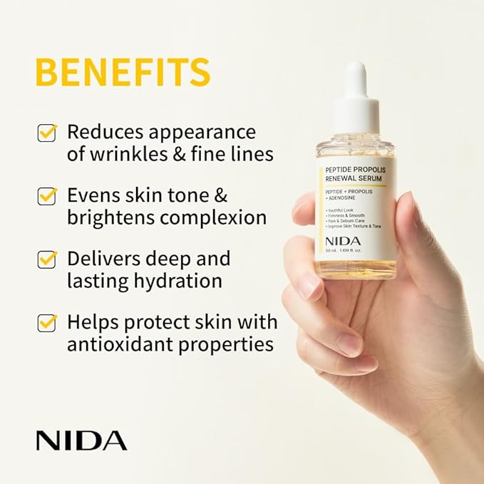 NIDA Peptide Propolis Renewal Serum | Peptide Complex, Propolis Extract, Adenosine | Youthful Look, Wrinkles, Fine Lines, Pore & Sebum Care | 1.69 fl.oz., 50ml (Updated)
