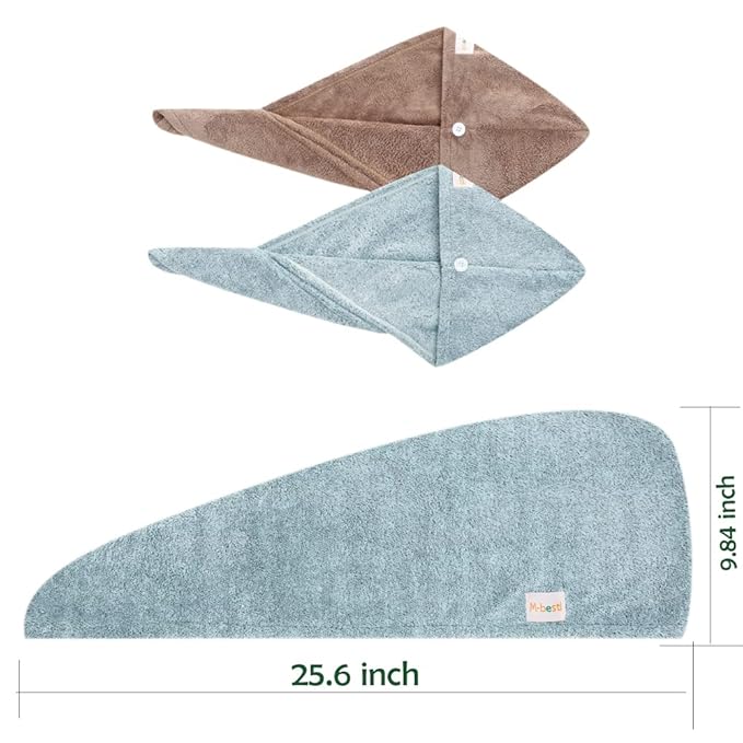 M-bestl 2 Pack Hair Drying Towels, Hair Wrap Towels,Absorbent Microfiber Hair Towel Turban with Button Design to Dry Hair Quickly(Star Green&Camel)