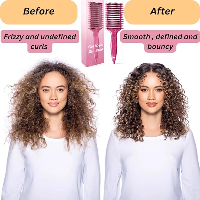 Curl Defining Brush with Hair Clips – Detangling Tool for Wet or Dry Styling, Ideal for Curly Hair, Women & Girls (Shiny Pink)