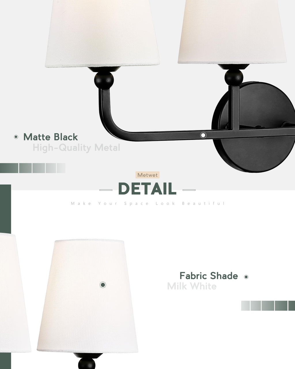 METWET 2-Light Matte Black Bathroom Vanity Light, White Fabric Shades