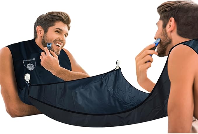 My Perfect Goatee Beard Bib Apron for Men - Superior Lock-Down Suction Cups - Hair Clippings Catcher - Waterproof Cape with Storage Pouch - Adjustable Neck Strap