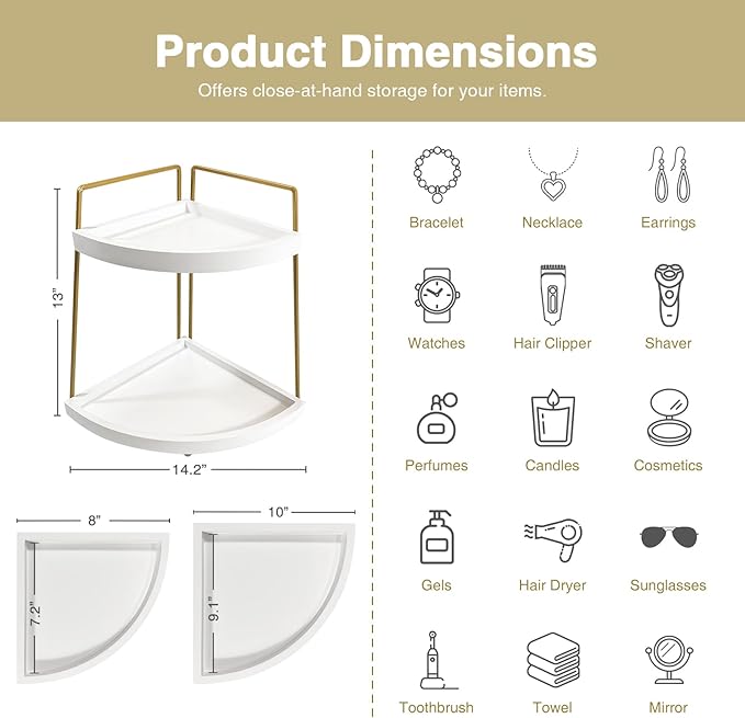 Forbena Corner Bathroom Counter Organizer, 2 Tier Bathroom Organizer Countertop, Small Bathroom Sink Top Trays Corner Shelf Stand for Makeup Vanity Perfume Skincare Decor Storage (White and Gold)