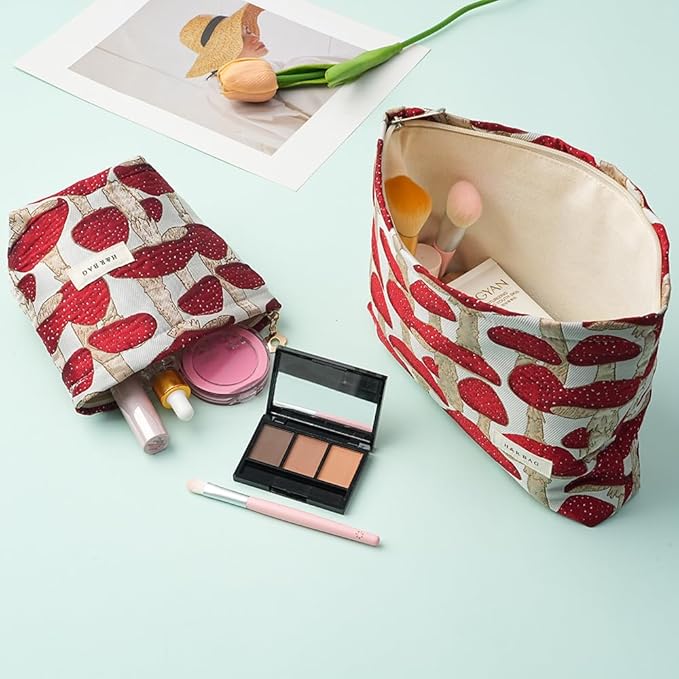 BOCGRPU 2 Pcs Makeup Bags for Purse, Large Cute Cosmetic Bag Travel Toiletry Bag Organizer for Women, Embroidery Craft Mushroom Makeup Bag Small Cosmetic Pouch Purse with Zipper (Red Mushroom)
