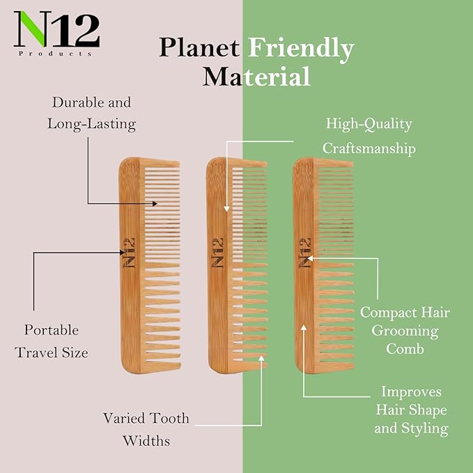 N12 Bamboo Wooden Hair Comb Set of 3 Fine & Wide Tooth Anti Frizz Detangler 17.5 cm