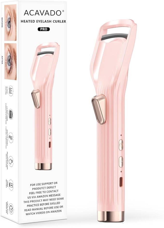 Heated Eyelash Curler Premium PRO - Fast Heat up in 8s - 24 Hours Long Lasting - Rechargeable Electric Eyelash Curler with Type-C, Innovative L Silicone, 2 Heat Modes, Anti-Burn Eyelid, Pink-FD