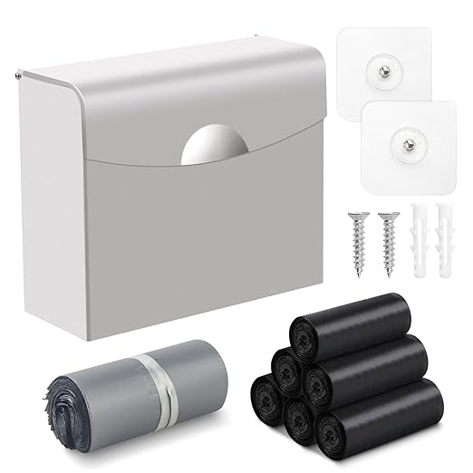 FAOEHN Sanitary Napkin Receptacle with Hygiene Disposal Bags and Trash Bag, 9.4x7.8x3.5 inches Stainless Steel Wall Mounted Feminine Hygiene Bin for Bathroom, Office (Silver)