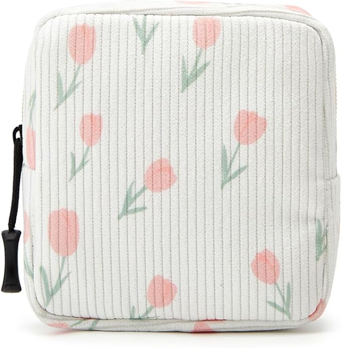 ZOEMTIU Small Makeup Bag for Purse,Mini Cosmetics Bag cute Zipper corduroy Cosmetic Pouch Storage Pouch Travel Toiletry Organizer for Women Girls(Tulip White)