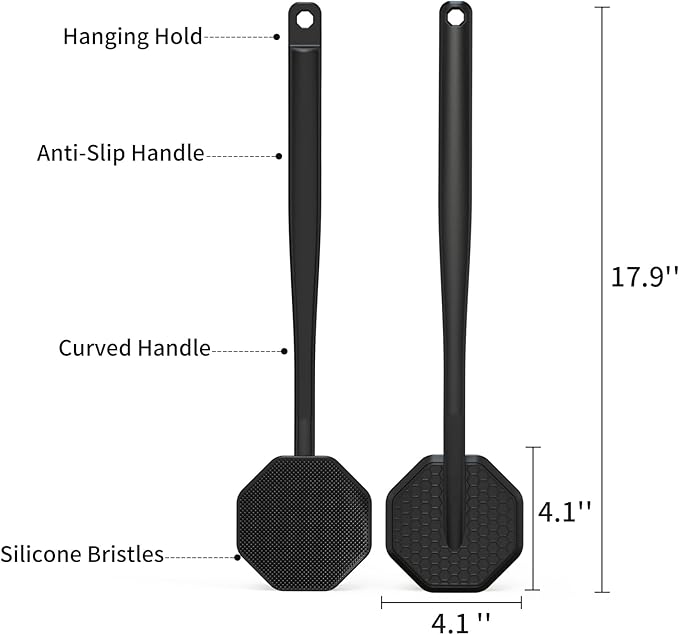 iTokGoK® Premium Silver-Infused Silicone Back Scrubber with Long Handle Back Brush for Shower,Back Brush Long Handle for Men and Women,Ergonomic No-Slip Handle, Long-Lasting (Black)
