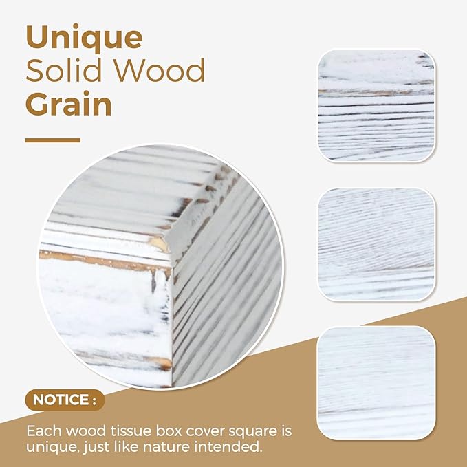 KALEKAIL Wood Tissue Box Cover Square, Rustic White Tissue Box Cover, Decorative Cube Facial Wooden Tissue Box Holder with Slide-Out Bottom for Bathroom, Bedroom, Dinner Table, Office, Kitchen