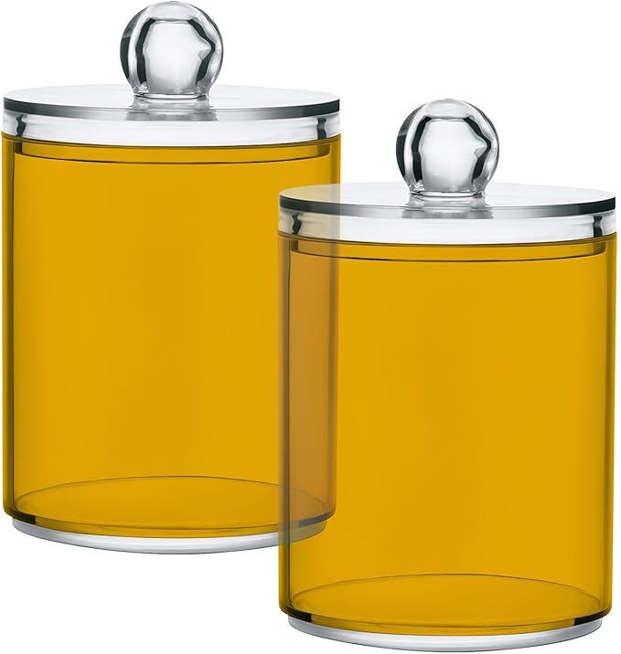 Mustard Yellow Qtip Holder Organizer Dispenser Cotton Swabs Cans Plastic Jars with Lid Set 2 Pack Bathroom Storage Canister for Cotton Ball Floss Cotton Pads