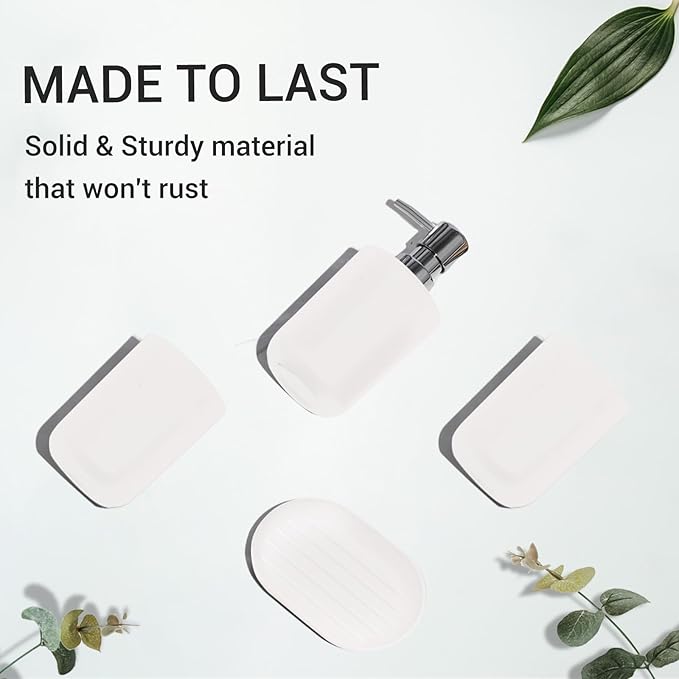 LGURT Matte White Bathroom Accessories Set, 4-Piece Plastic Bathroom Vanity Set with Soap Dispenser, Toothbrush Holder, Rinse Cup & Soap Dish, White Bathroom Counter Organizer