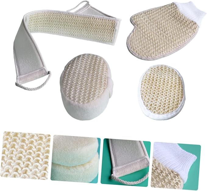 Vaguelly 4-Piece Back Scrubber Set Adjustable Bath Strap Glove Sponge for Shower for Relaxation and Exfoliation