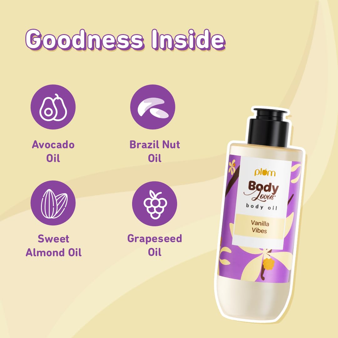Plum Vanilla Body Oil with Avocado Oil, Coconut Oil & Carrot Seed Oil, 100% Pure Moisturizing Oil, Detoxifying, Omega-3 Fatty Acids, Vitamins A, D, E for Nourishing, Paraben & Silicone Free, 6.7 Fl Oz