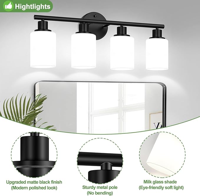 Zarbitta 4-Light Bathroom Light Fixtures, Black Modern Vanity Lights with Milky White Frosted Glass Shades, Bathroom Wall Lamp for Mirror Kitchen Living Room