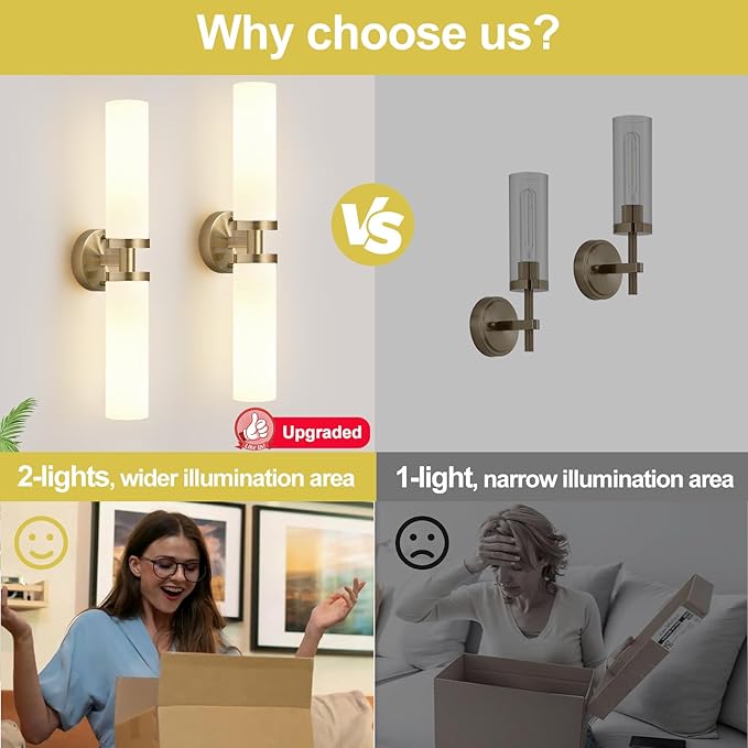 Wall Sconces Set of Two, Brass Bathroom Sconces Wall Lighting with Milky White Glass, Modern Sconces Wall Decor Set of 2 Bathroom Light fixtures for Mirror Living Room Hallway Bedroom
