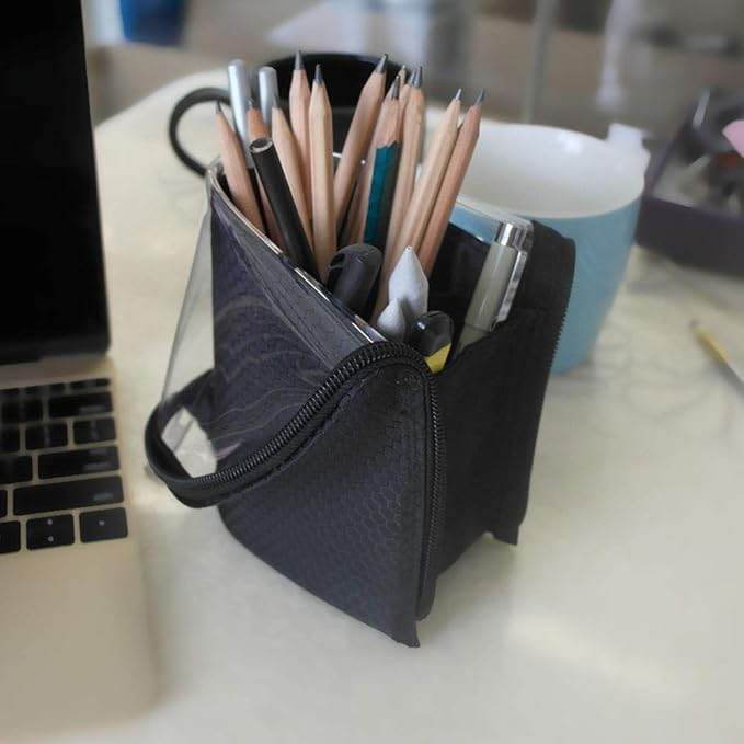 ANEMEL Black Travel Makeup Brush Holder 2-Pack, Organizer Bag Clear Plastic Cosmetic Zipper Pouch Portable Waterproof Dust-Free Stand-Up Small Toiletry Stationery Bag with Divider