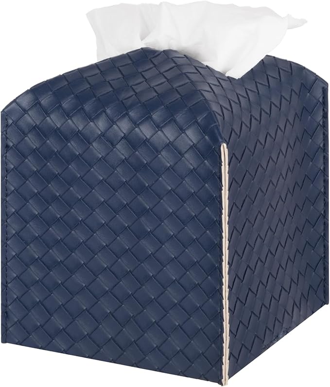 Tissue Box Cover PU Leather Tissue Holder Square Facial Tissue Case Facial Paper Organizer Dispenser for Bathroom, Vanity Countertop, Tabletop, Car, Navy Blue
