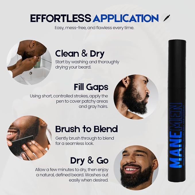 Beard Filler Pen For Men. Instant Gray Hair Coverage. Easy to Use Temporary Color for Beard, Mustache and Eyebrows. All Day Natural Finish - 2-in-1 Formula. Up to 40 Applications (BROWN)