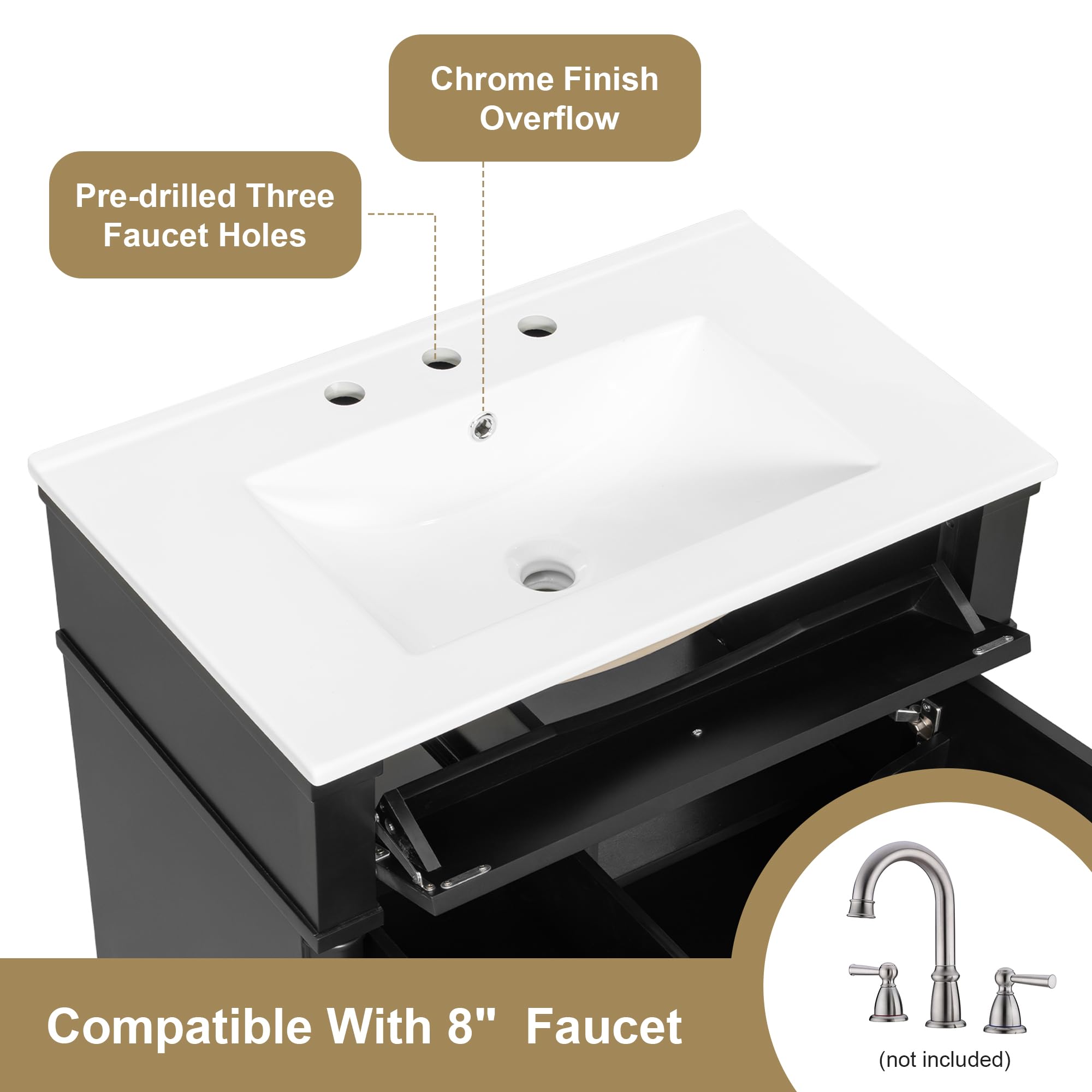 Harper & Bright Designs 30" Bathroom Vanity with Sink, Free Standing Bathroom Vanity Set with Flip Drawer, 2 Drawers, and Adjustable Shelf, Wood Storage Cabinet with Ceramic Basin for Bathroom, Black