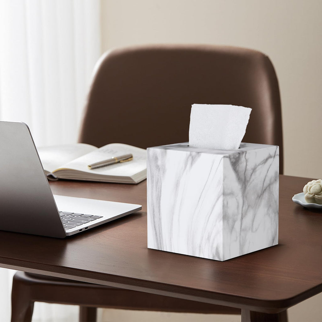 HOUSE DIARY Metal Square Tissue Box lid, Modern Facial Tissue Holder for Bathroom Vanity Tops, Bedroom Dressers, Nightstands, Desks, Offices (Marble White)