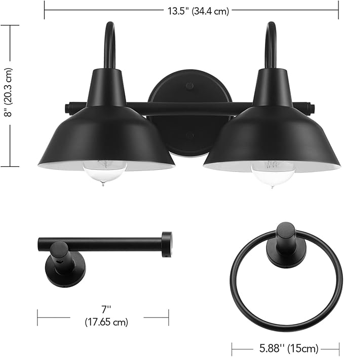 Globe Electric 63000004 3-Piece Bathroom Set, Matte Black, 15.5" 2-Light Vanity Light, Towel Ring, Toilet Paper Holder, Bulb Not Included