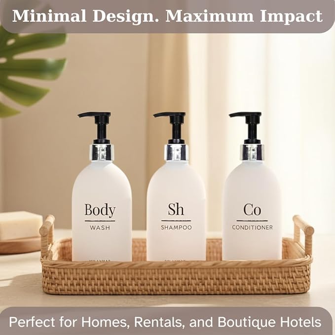 Milanmar Shampoo & Conditioner Shower Dispenser Set, Pearl White - Empty Matte Plastic Bottles, 16.9 oz Pump Containers, Luxury Bathroom Decor, 3 Pack for Spa, Airbnb [White-Silver]