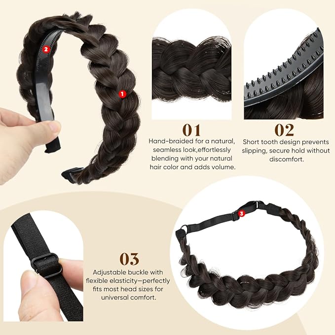 CJL HAIR 2PCs Braided Headbands Hair Piece for Women Synthetic Hair Hoops Head Bands Handmade Braid Hairband Accessories Elastic Stretch Headwrap White