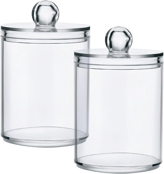 White Qtip Holder Organizer Dispenser Cotton Swabs Cans Plastic Jars with Lid Set 4 Pack Bathroom Storage Canister for Cotton Ball Floss Cotton Pads