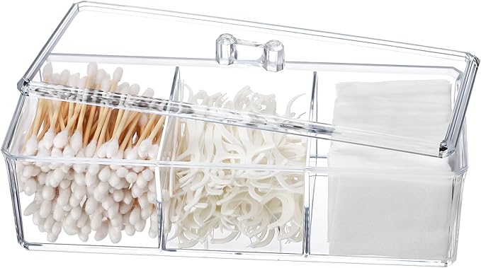 Sohalejr Qtip Holder Transparent 3 Compartments Cotton Ball and Swab Holder Organizer with Lid,Jar for Cotton Rounds,Bathroom Containers,Clear Acrylic Desk Organizer for Makeup Pads,Cosmetics Bedroom