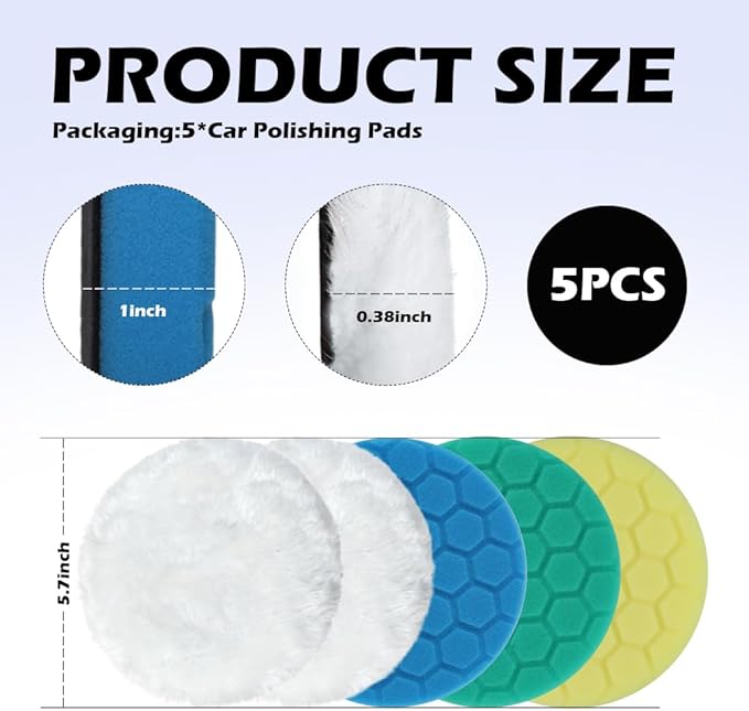 5PCS 6 Inch Polishing Pads Kit Sponge & Polyester,Heavy Duty Reusable Car Buffing Pads Kit for Car Paint/Body,Hook and Loop Buffer Pad Fit 5 Inch Adapter Cars Accessories