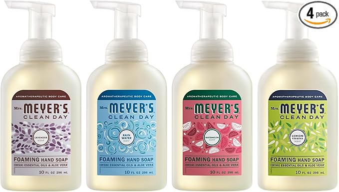Mrs. MEYER'S CLEAN DAY Foaming Hand Soap 4 Scent Variety Pack, 1 Rain Water, 1 Lavender, 1 Lemon Verbena, 1 Watermelon, 10 OZ Each, 1 CT