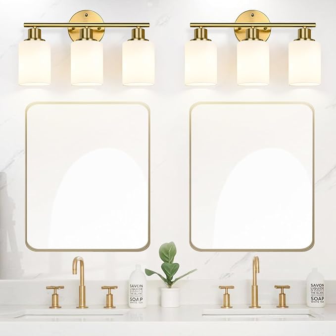 Zarbitta 3-Light Bathroom Light Fixtures, Brushed Gold Vanity Light, Farmhouse Wall Lights with Milky White Frosted Glass Shades, Bathroom Wall Lamp for Mirror Kitchen Bedroom Hallway Living Room