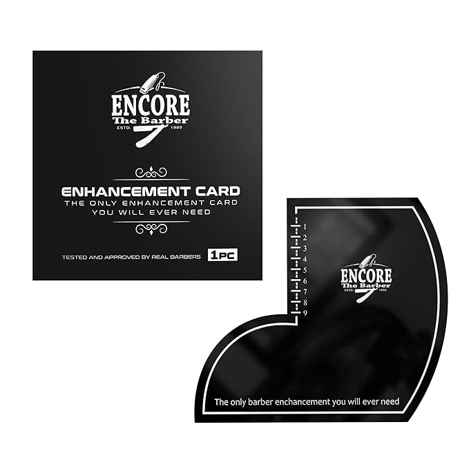 ENCORE THE BARBER Enhancement Card (Black) | for barbers | crispy lines | hairline repair | Beard lineup | Outline shapeup tool | Design ruler | fiber application guide | waterproof