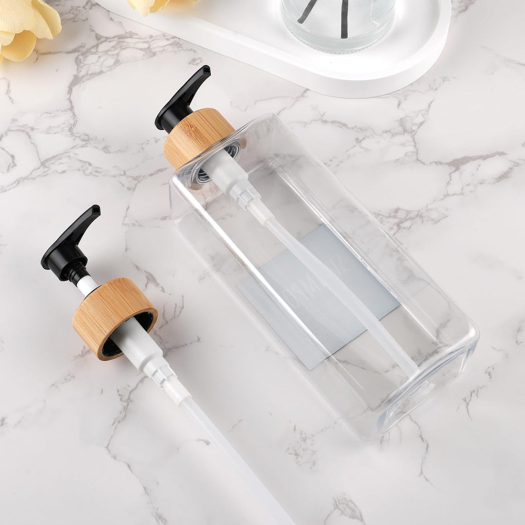 Shampoo and Conditioner Dispenser, Set of 3 16.9oz Refillable Shower Bottles Soap Dispenser with Waterproof Labels, Empty Plastic Bamboo Pump Body Wash Dispenser Set for Bathroom Hotel Tawny