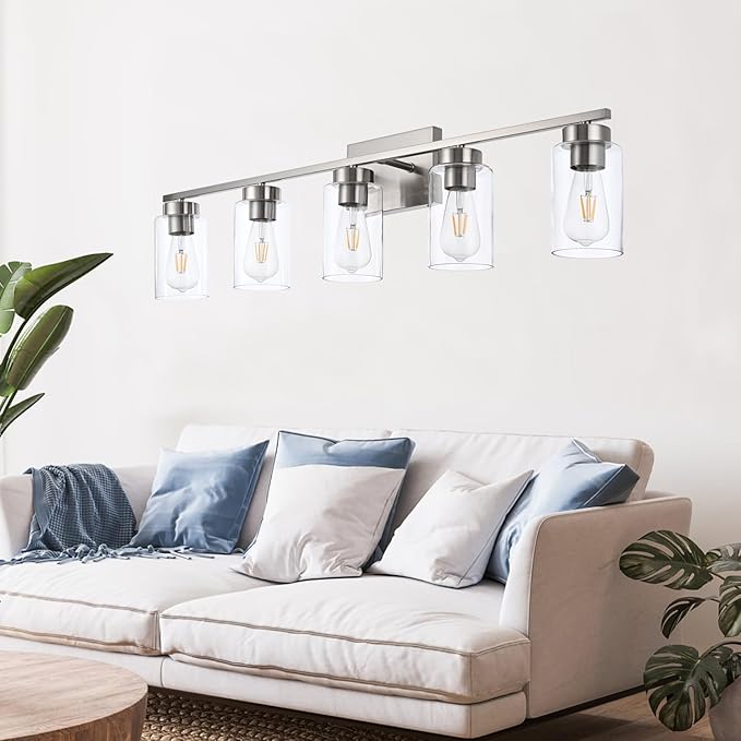 A1A9 5 Light Bathroom Vanity Light Fixtures, Brush Nickel Modern Wall Lights with Clear Glass Shade, Vintage Wall Sconce Lighting for Living Room, Mirror, Bedroom, Hallway (Nickel, 5-Lights)