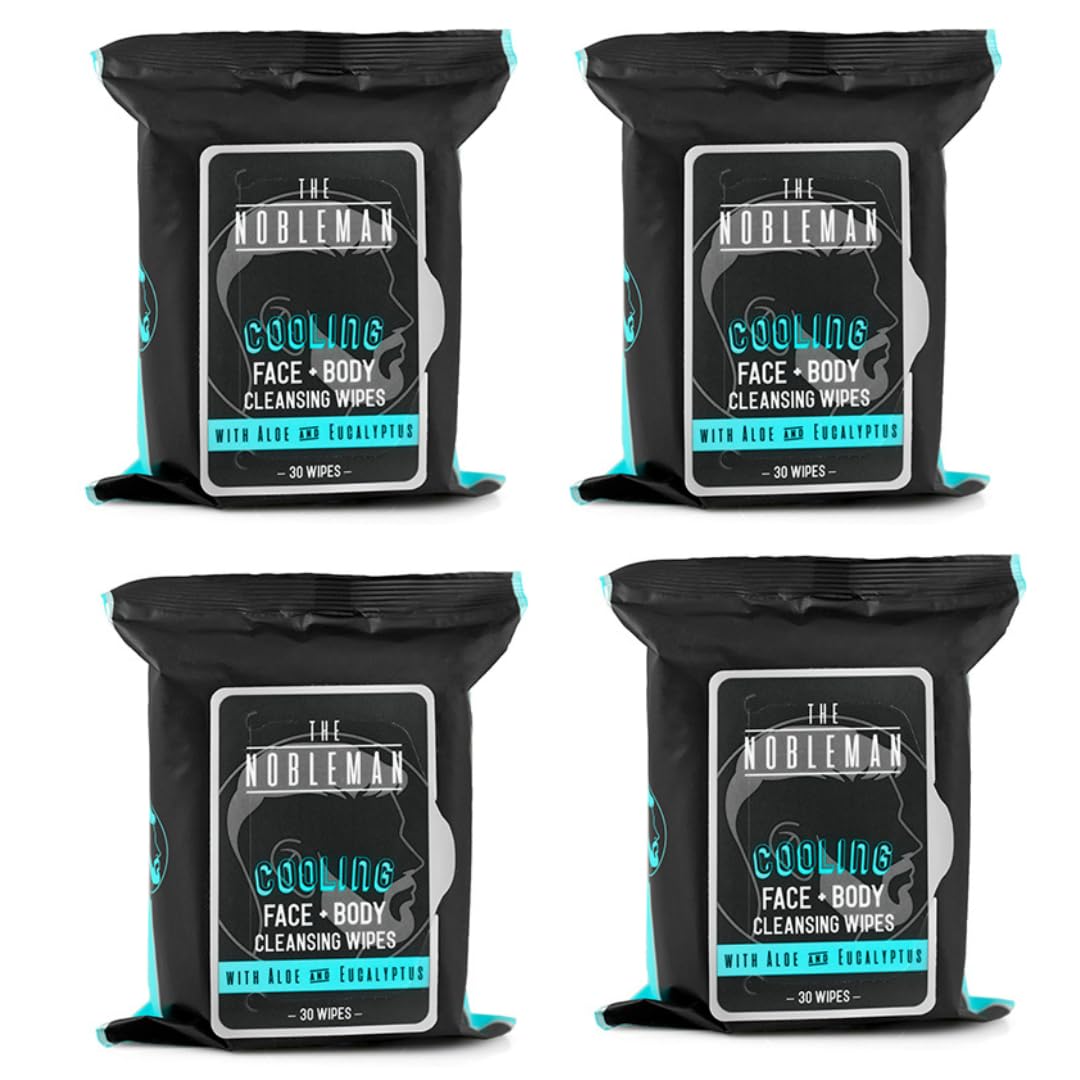 The Nobleman Cooling Face + Body Cleansing Wipes – Refreshing Skincare for Men with Aloe & Eucalyptus, Oil Control, Dirt Removal, Sweat Refresh, Daily Hygiene & After Gym Solution, (4 Pack, 120 Ct)