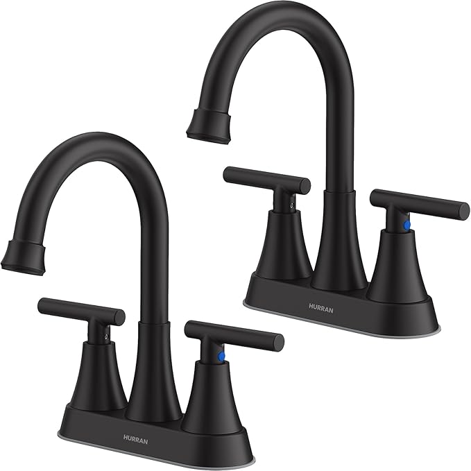 Bathroom Faucets for Sink 3 Hole, Hurran 4 inch Matte Black Bathroom Sink Faucet with Pop-up Drain and 2 Supply Hoses, Stainless Steel Lead-Free Centerset Faucet for Vanity RV, 2 Pack