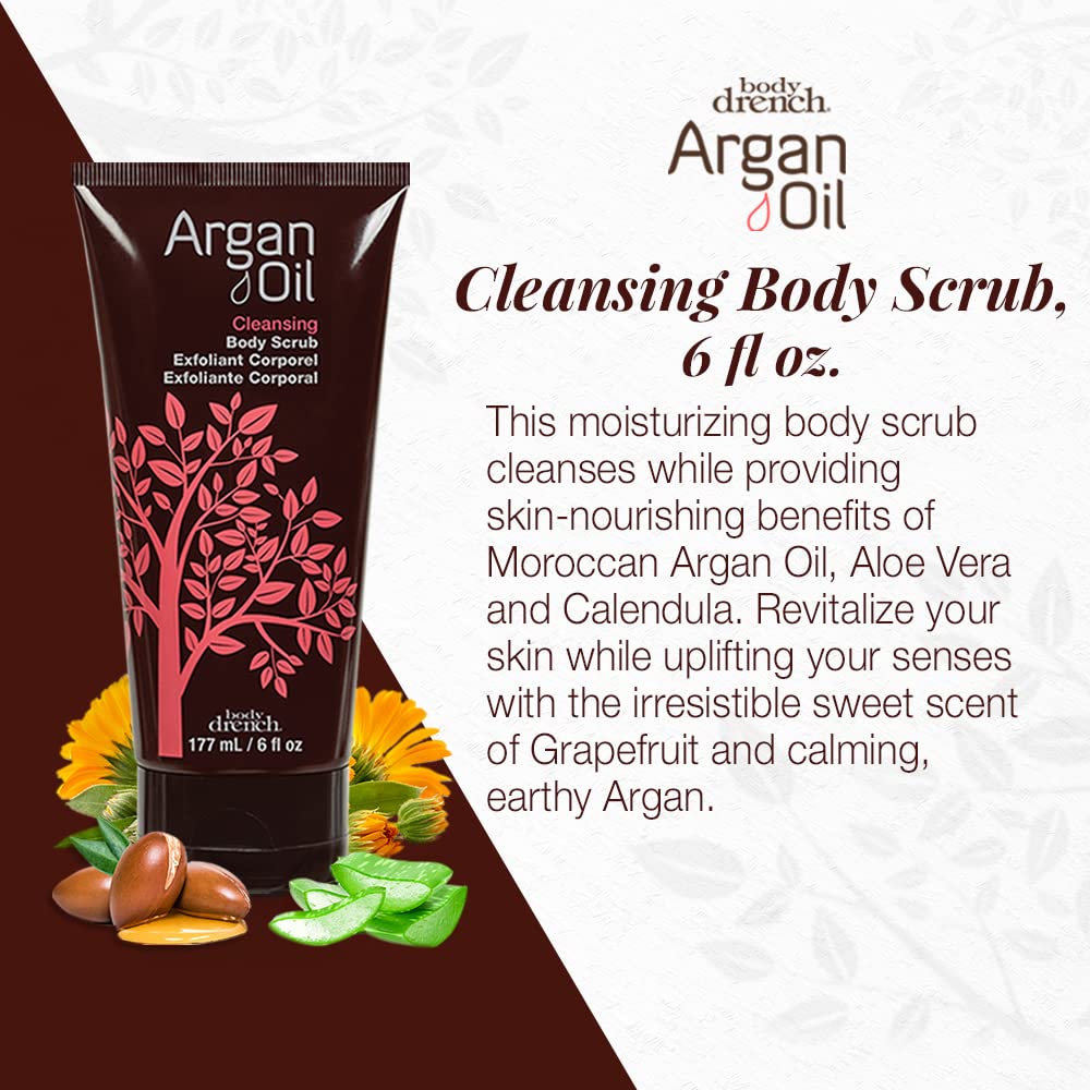 Body Drench Argan Oil Body Scrub for Women – Body Exfoliator Scrub & Deep Cleansing Skin Polish for Smooth Skin, Removes Dead Skin Cells, 6 fl oz