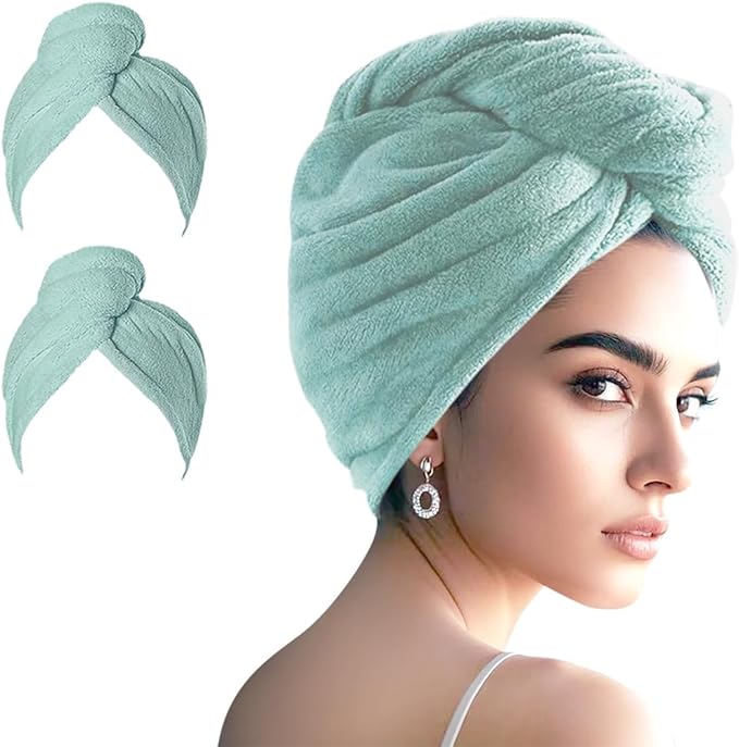 Microfiber Hair Drying Towel Wrap for Women, Hair Turbans Towel for Wet Hair,turbie Twist Hair Towels(The Color of the Picture is for Reference only) (Light Green,Light Green)